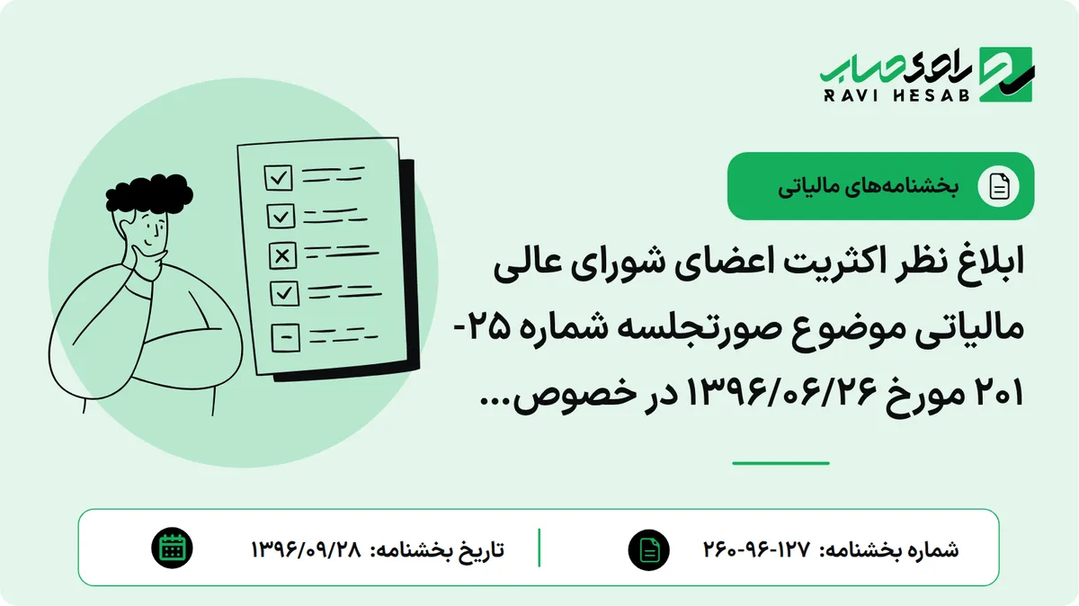 ابلاغ نظر اکثریت اعضای شورای عالی مالیاتی موضوع صورتجلسه شماره 25-201 مورخ 1396/06/26 در خصوص نحوه اجرای قانون مالیات بر ارزش افزوده در محدوده مناطق آزاد تجاری-صنعتی و ویژه اقتصادی
