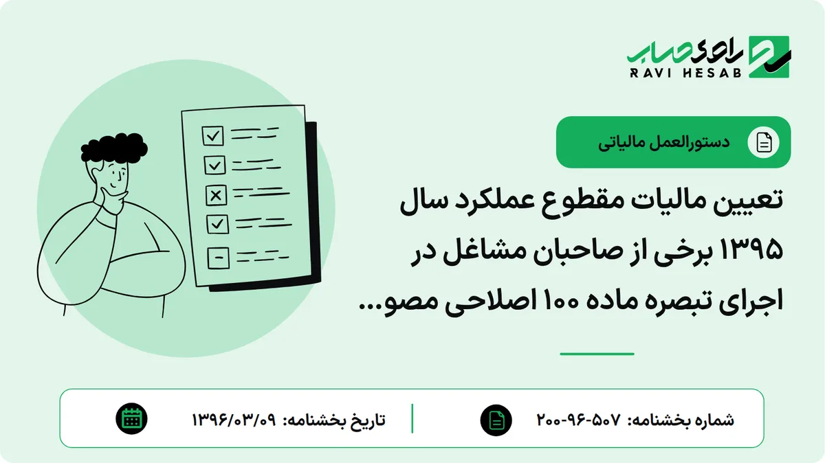 تعیین مالیات مقطوع عملکرد سال 1395 برخی از صاحبان مشاغل در اجرای تبصره ماده 100 اصلاحی مصوب 1394/04/31 قانون مالیاتهای مستقیم
