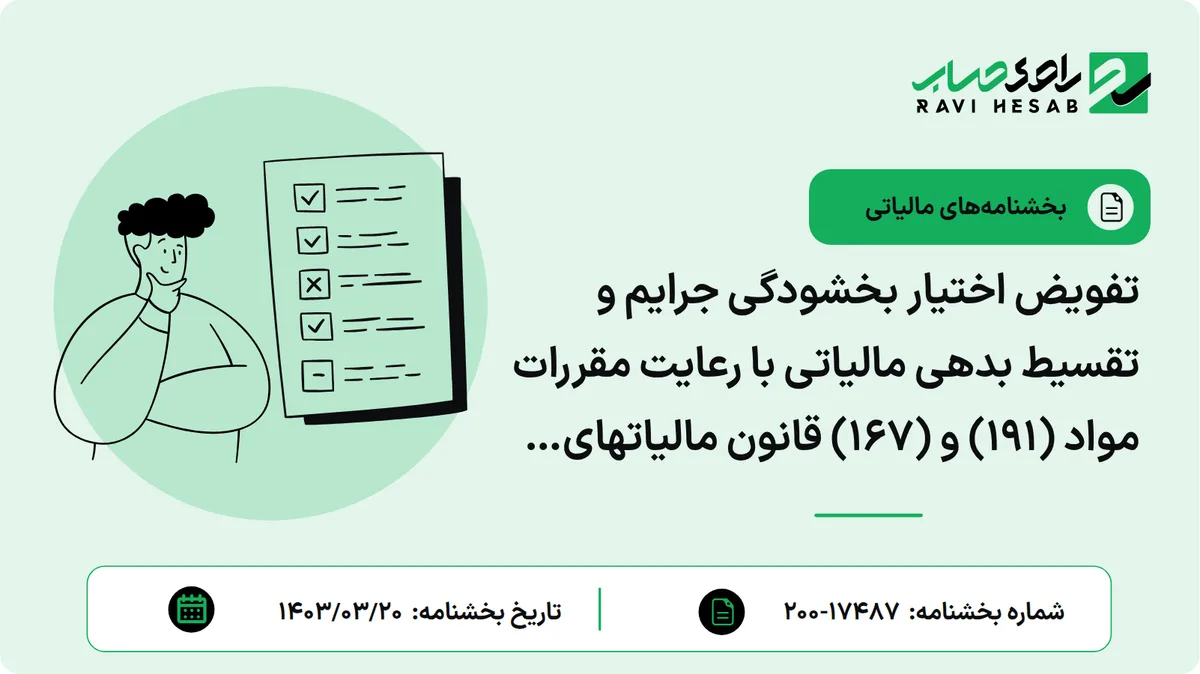 تفویض اختیار بخشودگی جرایم و تقسیط بدهی مالیاتی با رعایت مقررات مواد (۱۹۱) و (۱۶۷) قانون مالیاتهای مستقیم