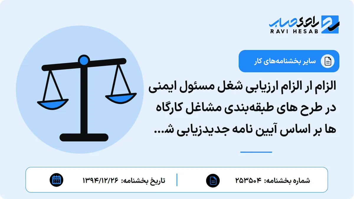 الزام ار الزام ارزیابی شغل مسئول ایمنی در طرح های طبقهبندی مشاغل کارگاه ها بر اساس آیین نامه جدیدزیابی شغل مسئول ایمنی در طرحهای طبقهبندی مشاغل کارگاهها بر اساس آییننامه جدید