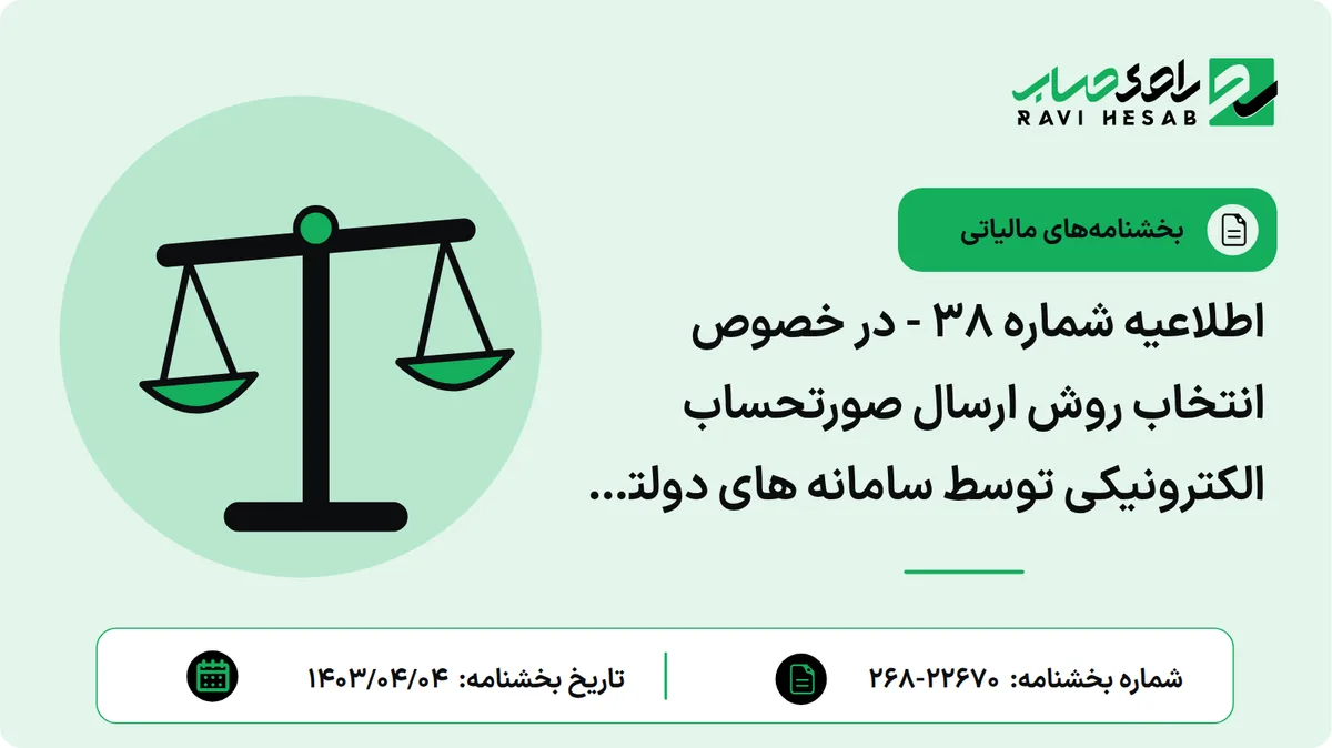 اطلاعیه شماره ۳۸ - در خصوص انتخاب روش ارسال صورتحساب الکترونیکی توسط سامانه های دولتی - مطابق تبصره ۳ ماده ۶ قانون تسهیل تکالیف مودیان