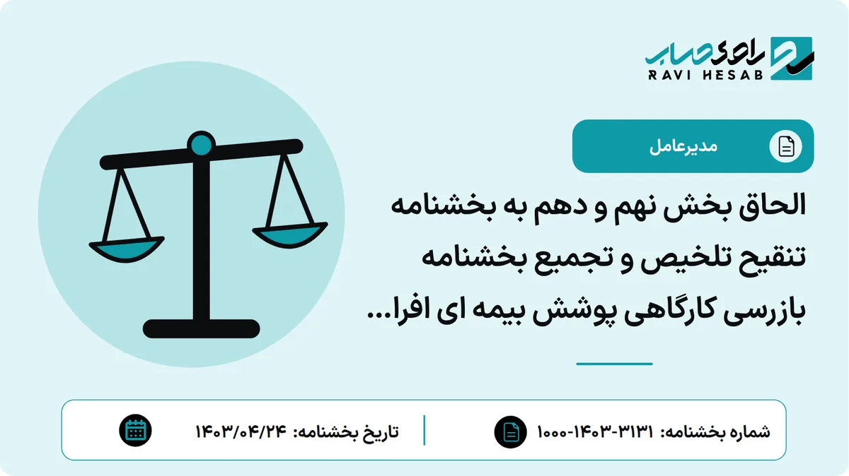 الحاق بخش نهم و دهم به بخشنامه تنقیح تلخیص و تجمیع بخشنامه بازرسی کارگاهی پوشش بیمه ای افراد شاغل در آرایشگاه ها مربیان باشگاه ورزشی و مربیان آموزشگاههای تعلیم رانندگی و حق الزحمه انجام بازرسی از کارگاهها در خارج از ساعات اداری