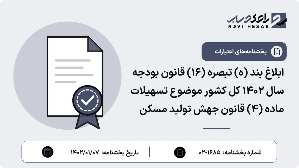 ابلاغ بند (ه) تبصره (16) قانون بودجه سال 1402 کل کشور موضوع تسهیلات ماده (4) قانون جهش تولید مسکن