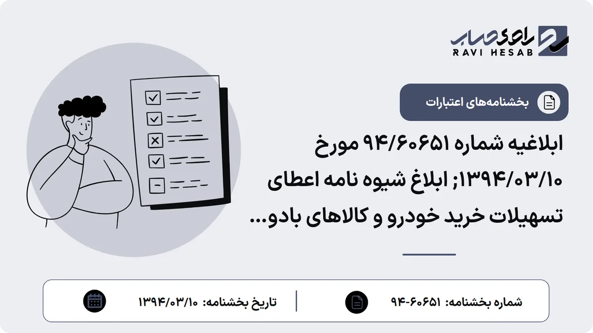 ابلاغیه شماره 94/60651 مورخ 1394/03/10; ابلاغ شیوه نامه اعطای تسهیلات خرید خودرو و کالاهای بادوام تولید داخل