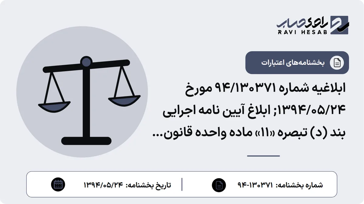 ابلاغیه شماره 94/130371 مورخ 1394/05/24; ابلاغ آیین نامه اجرایی بند (د) تبصره «11» ماده واحده قانون بودجه سال 1394 کل کشور