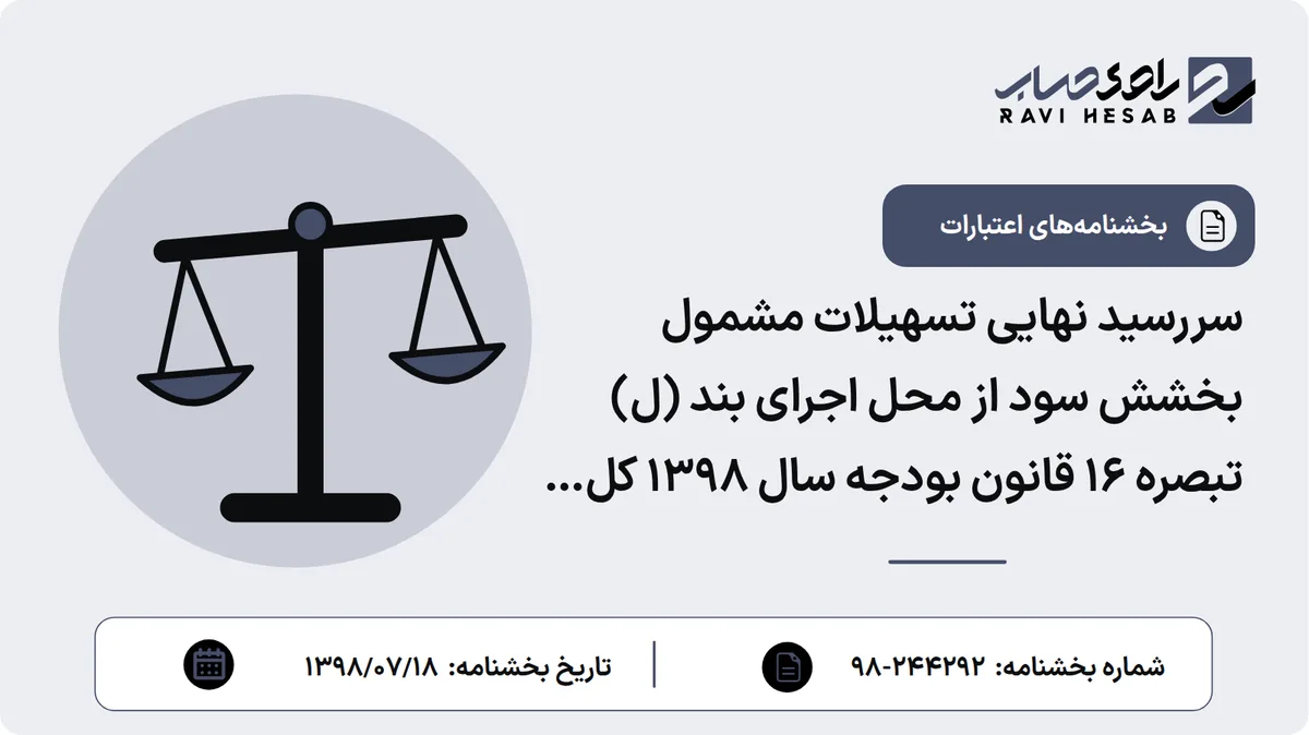 سررسید نهایی تسهیلات مشمول بخشش سود از محل اجرای بند (ل) تبصره ۱۶ قانون بودجه سال 1398 کل کشور