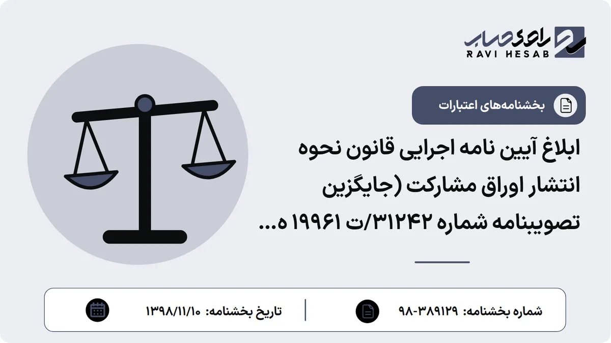 ابلاغ آیین نامه اجرایی قانون نحوه انتشار اوراق مشارکت (جایگزین تصویبنامه شماره 31242/ت 19961 ه مورخ 1377/06/09 و اصلاحات بعدی آن)