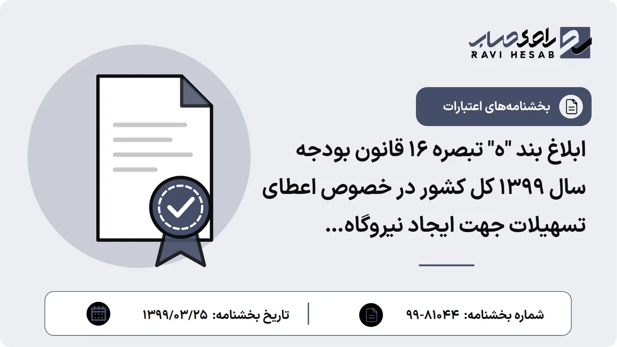 ابلاغ بند "ه" تبصره 16 قانون بودجه سال 1399 کل کشور در خصوص اعطای تسهیلات جهت ایجاد نیروگاه خورشیدی 5 کیلو واتی