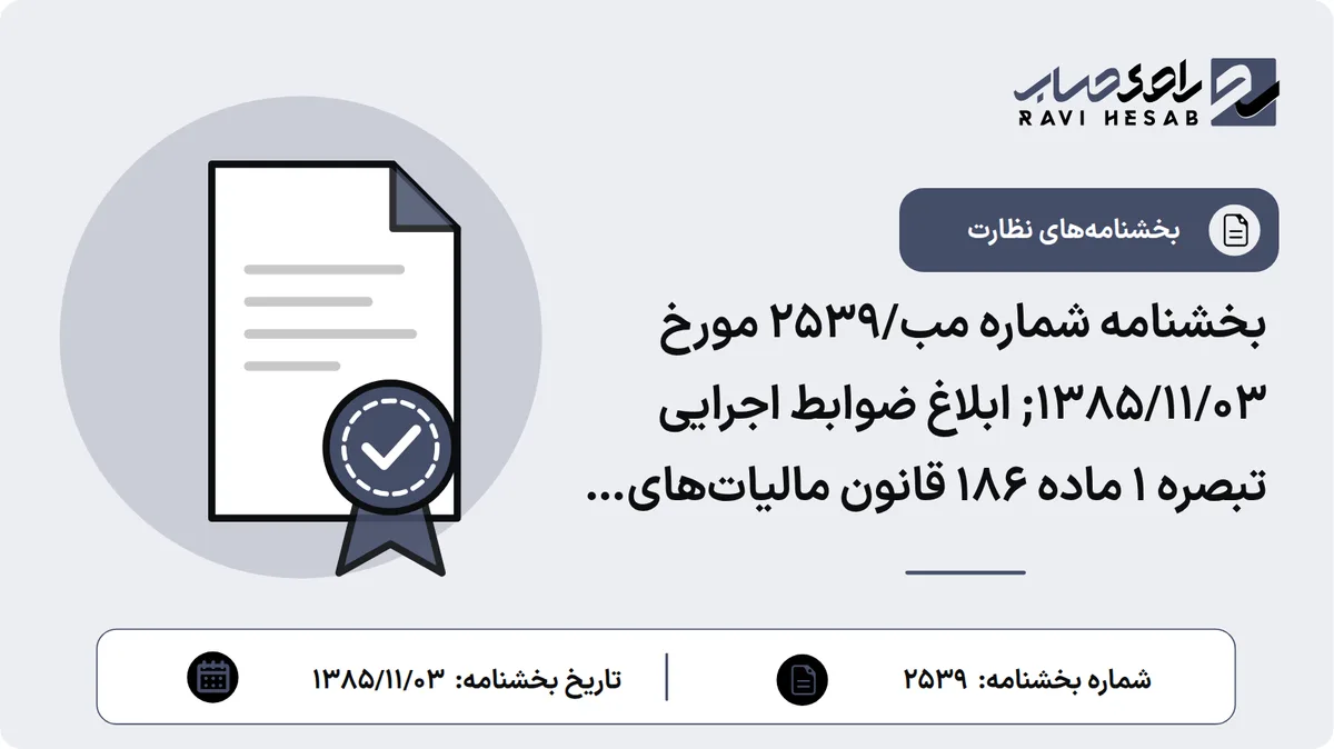 بخشنامه شماره مب/2539 مورخ ۱۳۸۵/۱۱/۰۳; ابلاغ ضوابط اجرایی تبصره 1 ماده 186 قانون مالیاتهای مستقیم ( اصلاحی مصوب 1380/11/27)