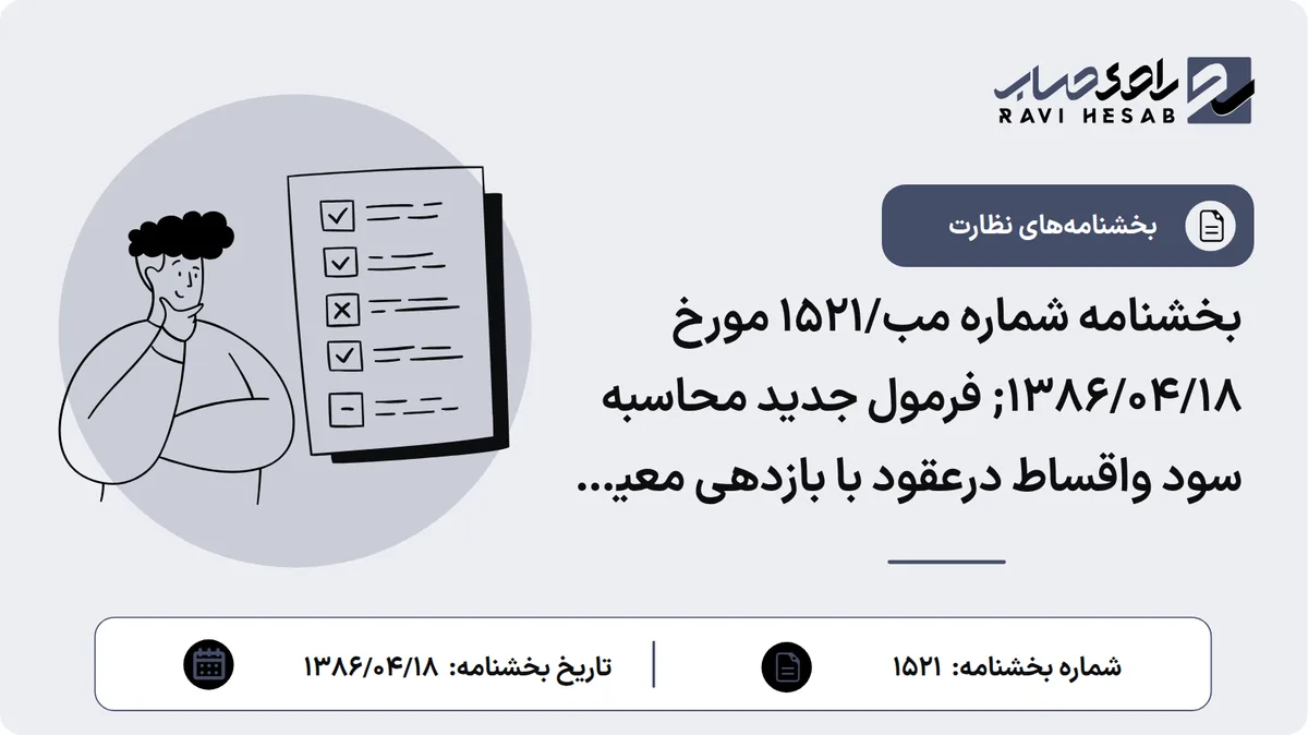 بخشنامه شماره مب/۱۵۲۱ مورخ ۱۳۸۶/۰۴/۱۸; فرمول جدید محاسبه سود واقساط درعقود با بازدهی معین به همراه جدول مربوط به نحوه تسهیم هرقسط به اصل و سود