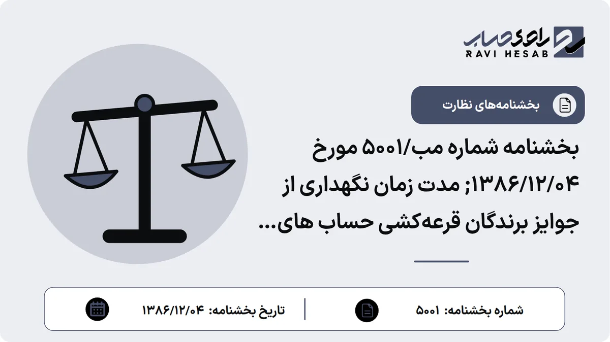 بخشنامه شماره مب/۵۰۰۱ مورخ ۱۳۸۶/۱۲/۰۴; مدت زمان نگهداری از جوایز برندگان قرعهکشی حساب های قرض الحسنه بانکها و موسساتاعتباری