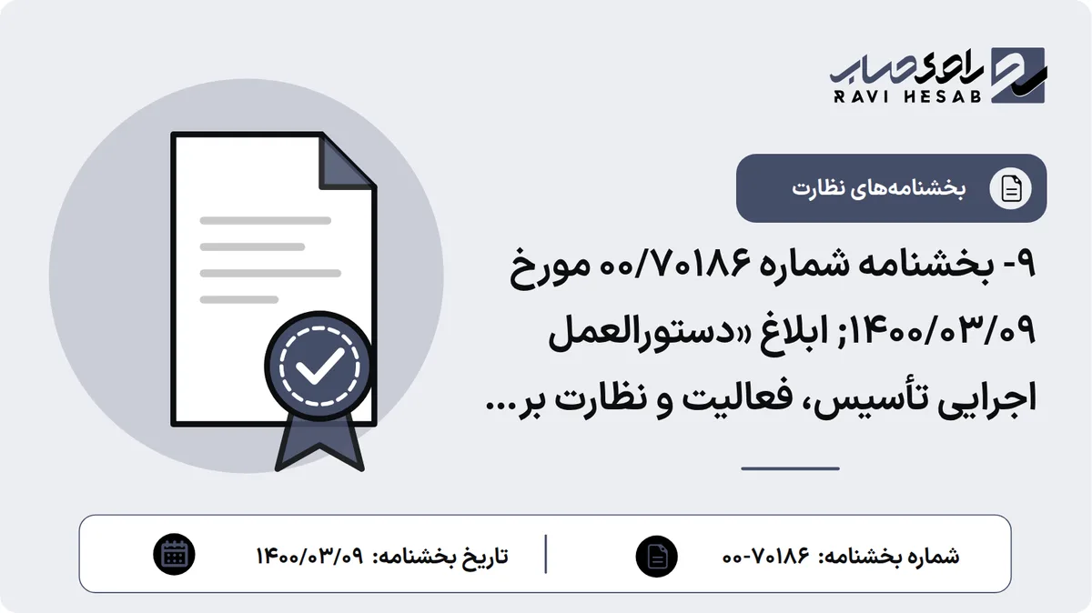 9- بخشنامه شماره 00/70186 مورخ 1400/03/09; ابلاغ «دستورالعمل اجرایی تأسیس، فعالیت و نظارت بر صرافیها»