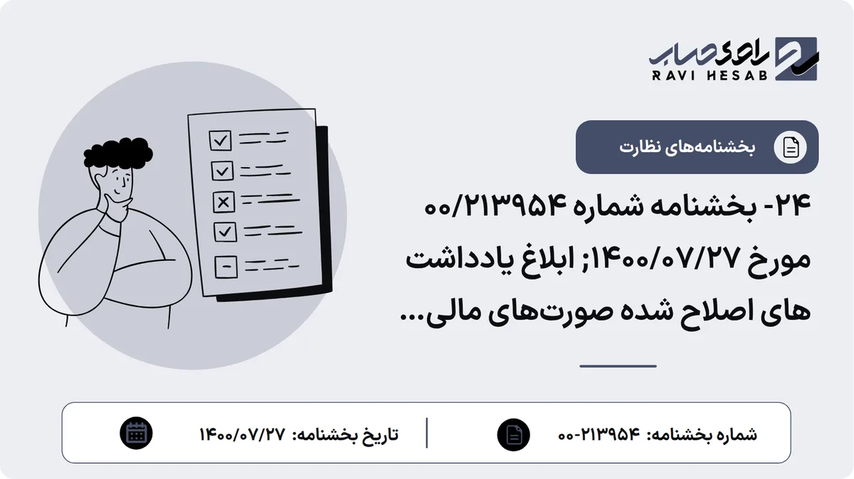24- بخشنامه شماره 00/213954 مورخ 1400/07/27; ابلاغ یادداشت های اصلاح شده صورتهای مالی نمونه مؤسسات اعتباری با توجه به ابلاغ اصلاحیه «دستورالعمل محاسبه سرمایه نظارتی و کفایت سرمایه مؤسسات اعتباری» و اصلاحیه «دستورالعمل نحوه محاسبه ذخیره مطالبات مؤسسات اعتباری»