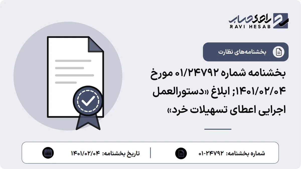 بخشنامه شماره 01/24792 مورخ 1401/02/04; ابلاغ «دستورالعمل اجرایی اعطای تسهیلات خرد»