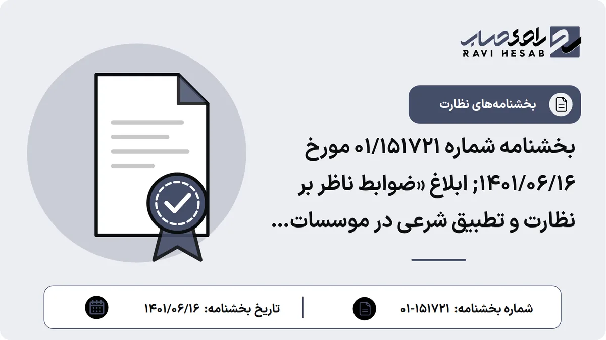 بخشنامه شماره 01/151721 مورخ 1401/06/16; ابلاغ «ضوابط ناظر بر نظارت و تطبیق شرعی در موسسات اعتباری»