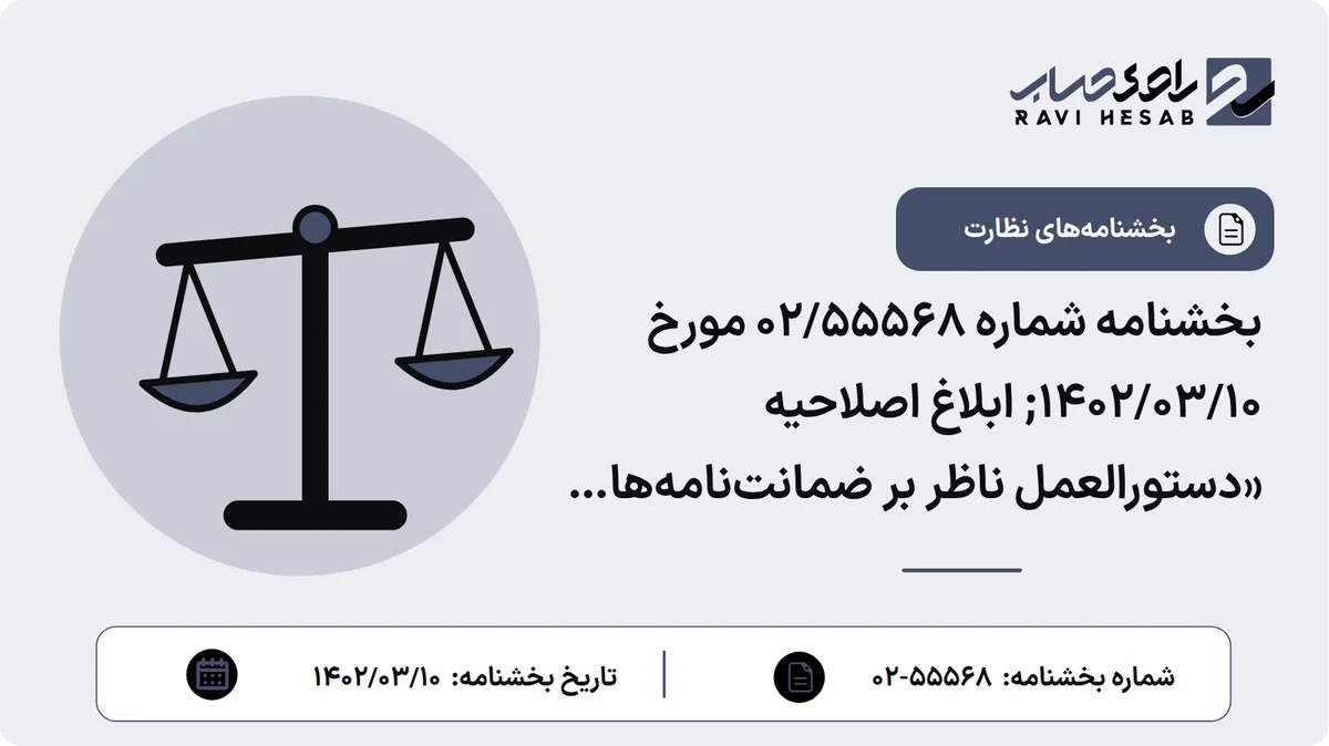 بخشنامه شماره 02/55568 مورخ 1402/03/10; ابلاغ اصلاحیه «دستورالعمل ناظر بر ضمانتنامههای بانکی (ریالی)»