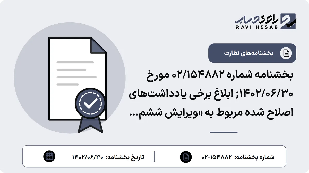 بخشنامه شماره 02/154882 مورخ 1402/06/30; ابلاغ برخی یادداشتهای اصلاح شده مربوط به «ویرایش ششم صورتهای مالی (نمونه) مؤسسات اعتباری» تحت عنوان «هزینه کارمزد» و «هزینههای عمومی و اداری»