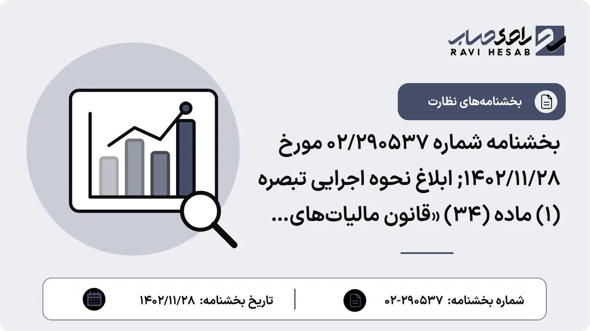 بخشنامه شماره 02/290537 مورخ 1402/11/28; ابلاغ نحوه اجرایی تبصره (1) ماده (34) «قانون مالیاتهای مستقیم»