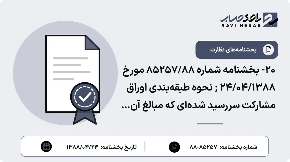 ۲۰- بخشنامه شماره ۸۵۲۵۷/۸۸ مورخ ۲۴/۰۴/۱۳۸۸ ; نحوه طبقهبندی اوراق مشارکت سررسید شدهای که مبالغ آن در سررسید از سوی ناشر بازپرداخت نگردیدهاست