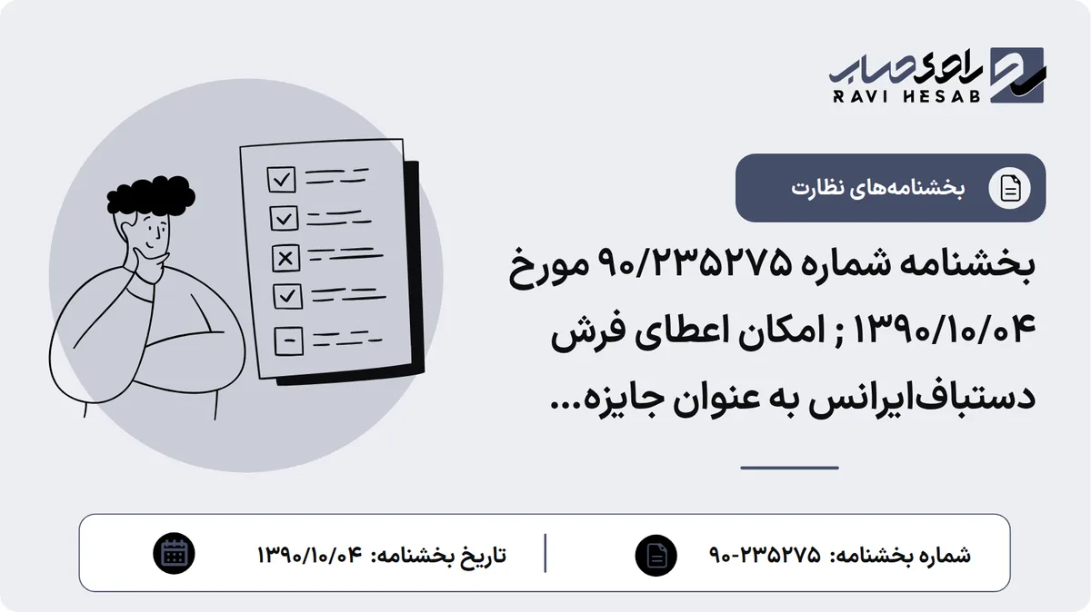 بخشنامه شماره 90/235275 مورخ ۱۳۹۰/۱۰/۰۴ ; امکان اعطای فرش دستبافایرانس به عنوان جایزه سپردههای قرضالحسنه