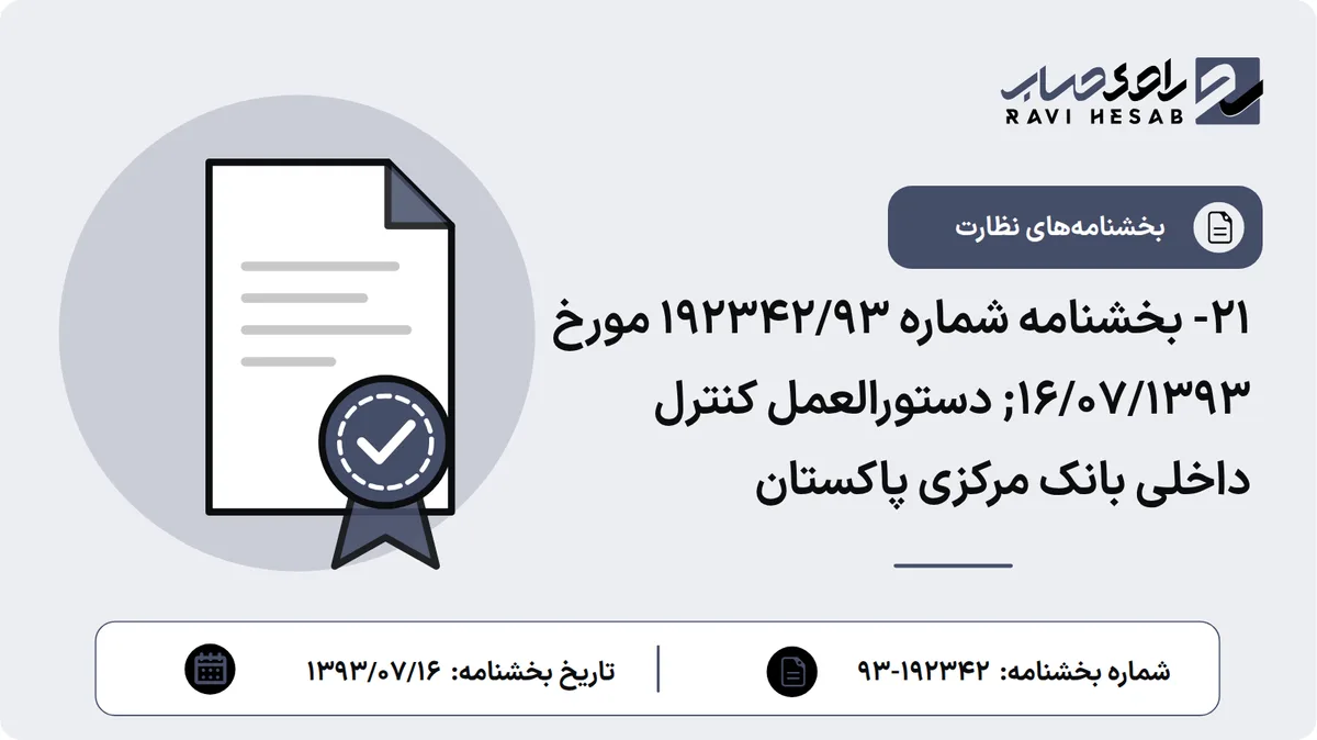 21- بخشنامه شماره 192342/93 مورخ 16/07/1393; دستورالعمل کنترل داخلی بانک مرکزی پاکستان