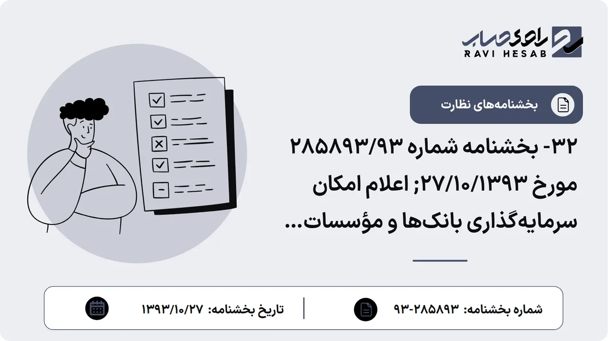 32- بخشنامه شماره 285893/93 مورخ 27/10/1393; اعلام امکان سرمایهگذاری بانکها و مؤسسات اعتباری در صندوقهای سرمایهگذاری مشترک با رعایت حدود مقرر در دستورالعمل سرمایهگذاری مؤسسات اعتباری