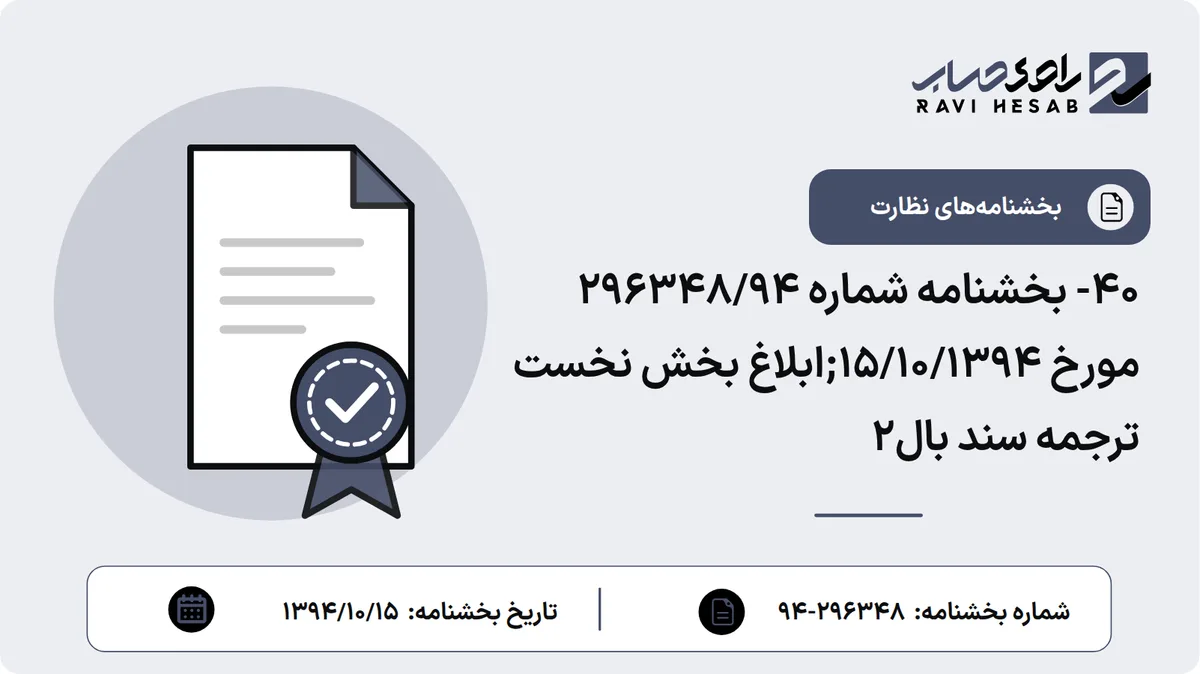 40- بخشنامه شماره 296348/94 مورخ 15/10/1394;ابلاغ بخش نخست ترجمه سند بال2