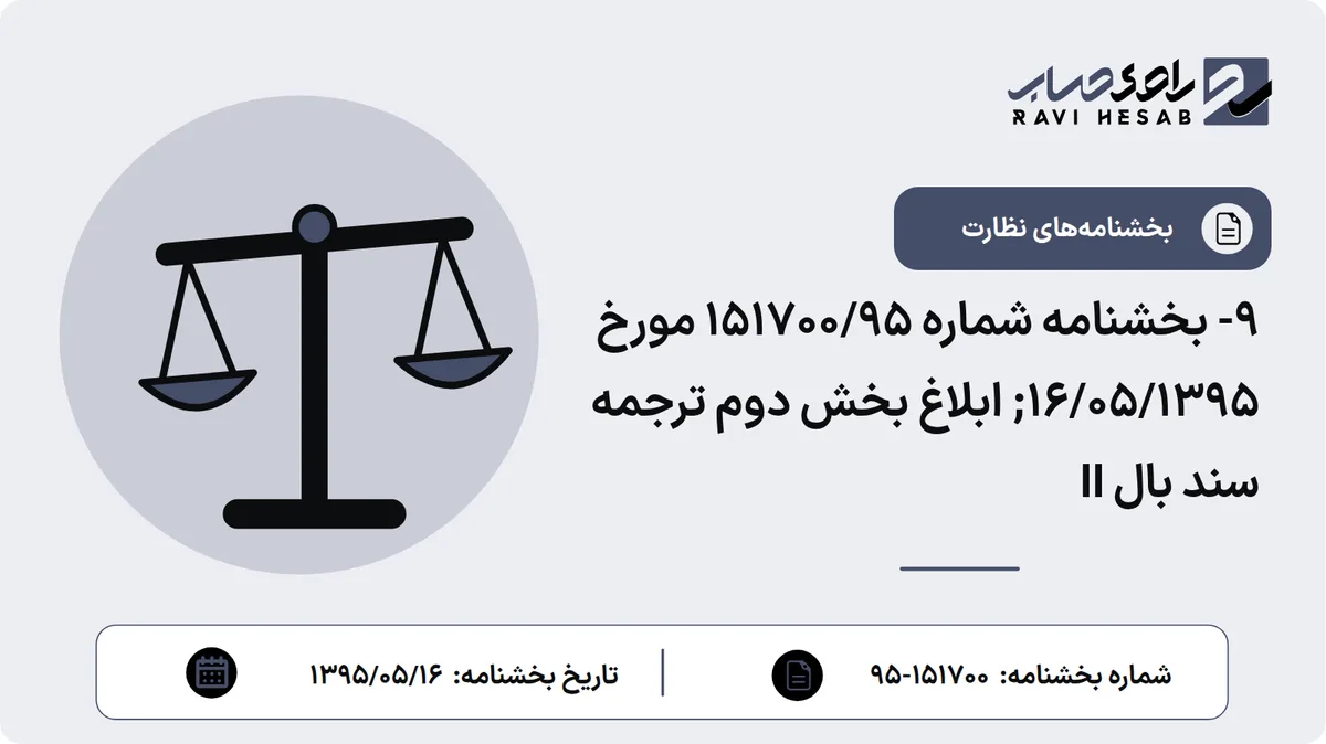 9- بخشنامه شماره 151700/95 مورخ 16/05/1395; ابلاغ بخش دوم ترجمه سند بال II