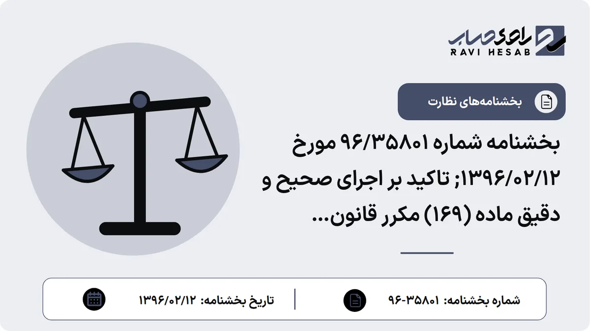 بخشنامه شماره ۹۶/۳۵۸۰۱ مورخ ۱۳۹۶/۰۲/۱۲; تاکید بر اجرای صحیح و دقیق ماده (۱۶۹) مکرر قانون مالیاتهای مستقیم مبنی بر لزوم استفاده از صورتحساب فروش کالا در اعطای تسهیلات (به شرح نمونه مندرج در ماده مذکور)