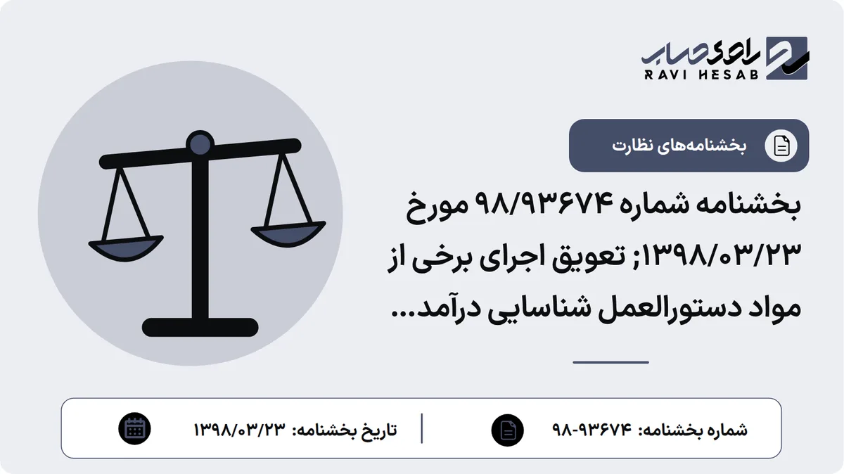 بخشنامه شماره 98/93674 مورخ 1398/03/23; تعویق اجرای برخی از مواد دستورالعمل شناسایی درآمد موسسات اعتباری برای صورتهای مالی سال 1397