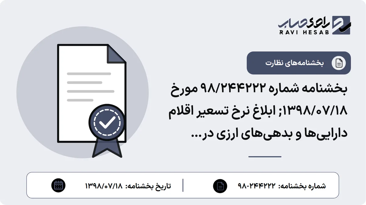 بخشنامه شماره 98/244222 مورخ 1398/07/18; ابلاغ نرخ تسعیر اقلام داراییها و بدهیهای ارزی در گزارشگری مالی میاندورهای منتهی به شهریور ماه 1398