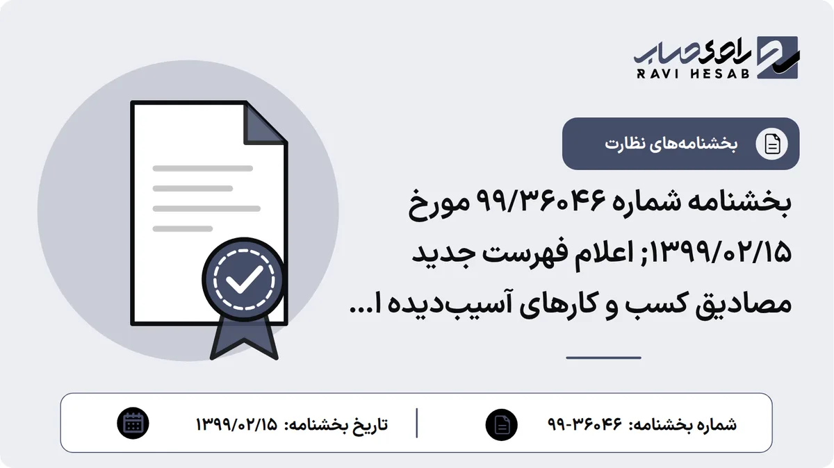 بخشنامه شماره 99/36046 مورخ 1399/02/15; اعلام فهرست جدید مصادیق کسب و کارهای آسیبدیده از شیوع ویروس کرونا که مشمول تعویق سه ماهه اقساط تسهیلات دریافتی میشوند