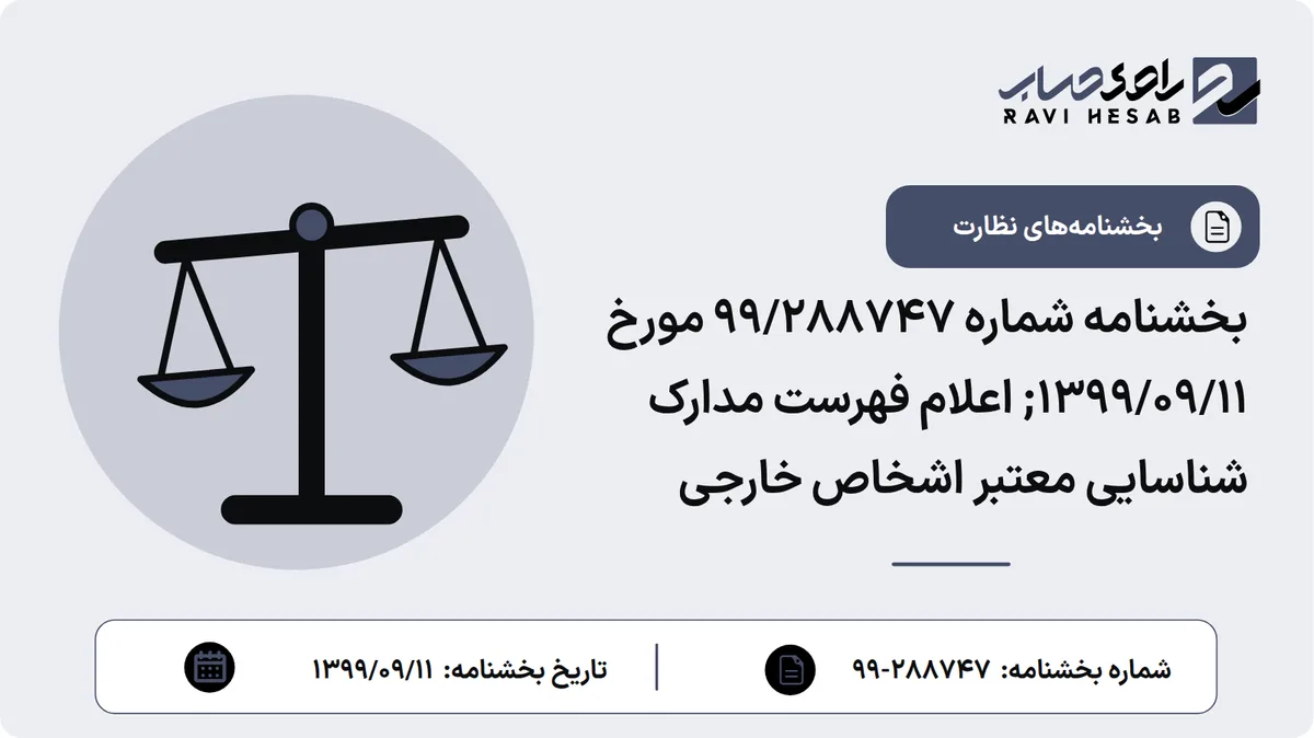 بخشنامه شماره 99/288747 مورخ 1399/09/11; اعلام فهرست مدارک شناسایی معتبر اشخاص خارجی