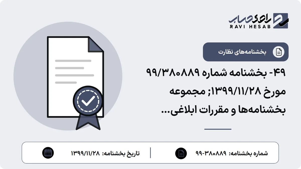 49- بخشنامه شماره 99/380889 مورخ 1399/11/28; مجموعه بخشنامهها و مقررات ابلاغی مدیریتکل مقررات، مجوزهای بانکی و مبارزه با پولشویی بانک مرکزی جمهوری اسلامی ایران در سال 1398