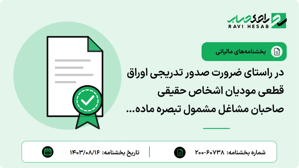 در راستای ضرورت صدور تدریجی اوراق قطعی مودیان اشخاص حقیقی صاحبان مشاغل مشمول تبصره ماده (۱۰۰) قانون مالیاتهای مستقیم که برای عملکرد سال ۱۴۰۲