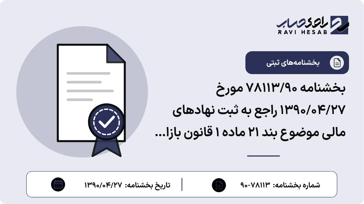 بخشنامه 78113/90 مورخ 1390/04/27 راجع به ثبت نهادهای مالی موضوع بند 21 ماده 1 قانون بازار اوراق بهادار مبنی بر لزوم اخذ مجوز ثبت تاسیس و تغییرات آنها از سازمان بورس و اوراق بهادار
