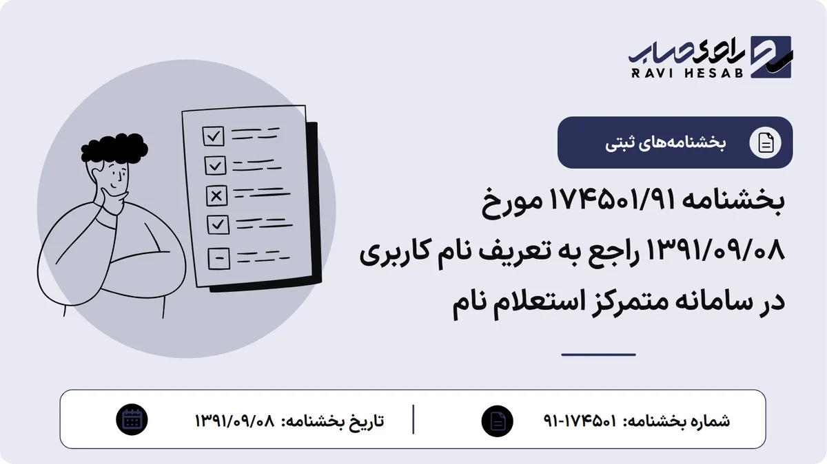 بخشنامه 174501/91 مورخ 1391/09/08 راجع به تعریف نام کاربری در سامانه متمرکز استعلام نام