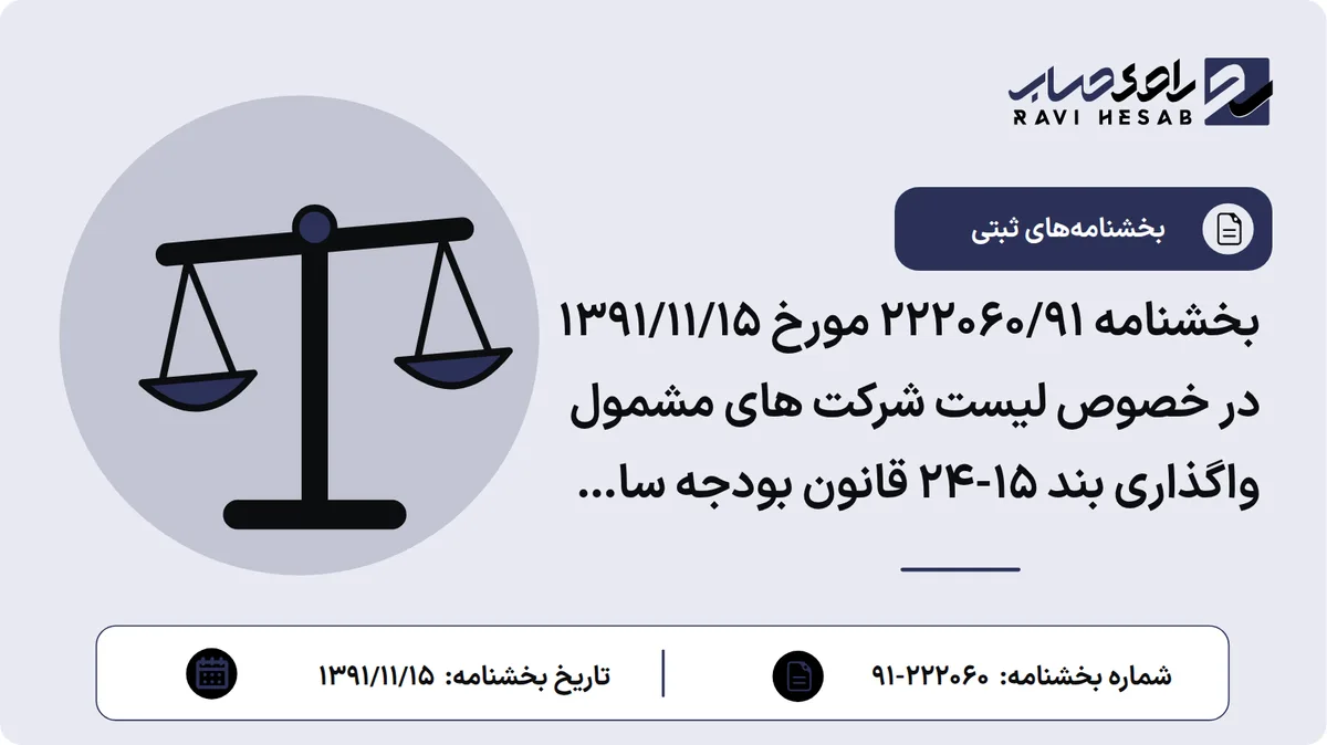 بخشنامه 222060/91 مورخ 1391/11/15 در خصوص لیست شرکت های مشمول واگذاری بند 15-24 قانون بودجه سال 1391