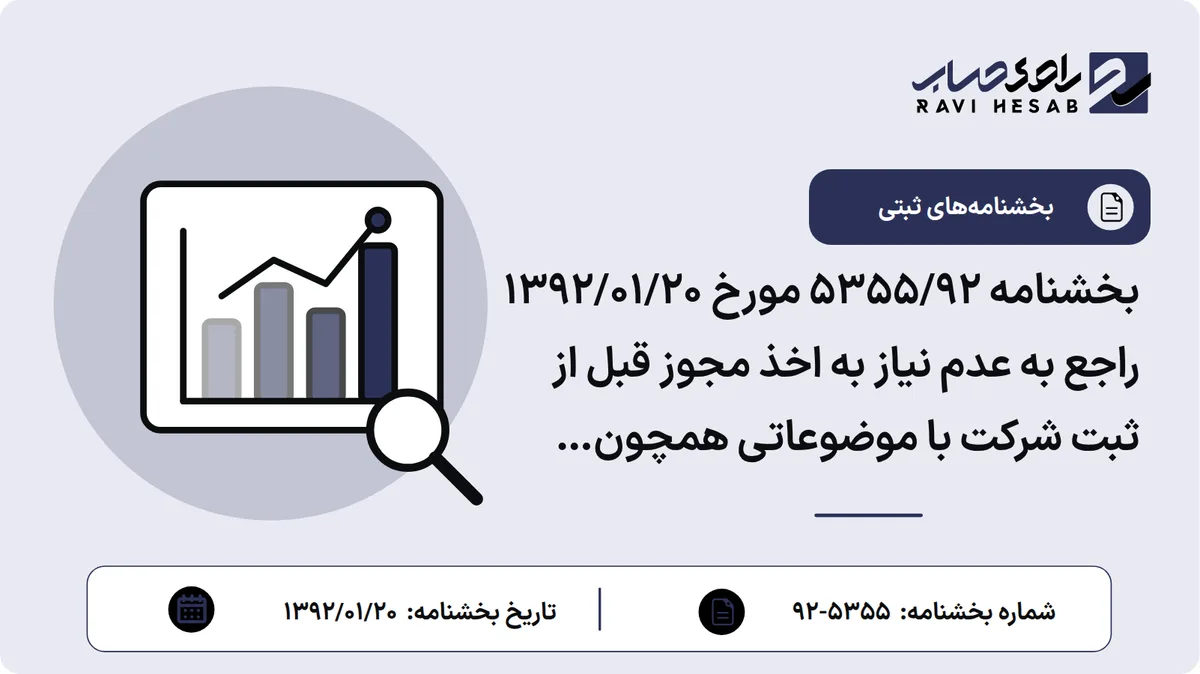 بخشنامه 5355/92 مورخ 1392/01/20 راجع به عدم نیاز به اخذ مجوز قبل از ثبت شرکت با موضوعاتی همچون طراحی و تولید و پشتیبانی نرم افزار و ...