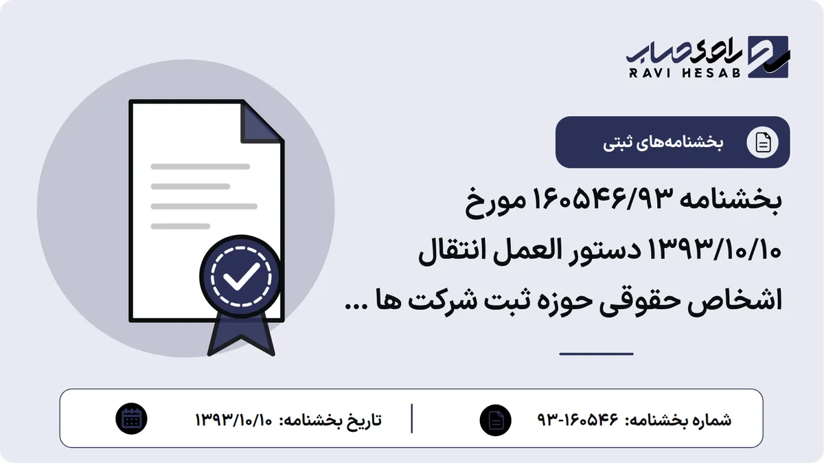 بخشنامه 160546/93 مورخ 1393/10/10 دستور العمل انتقال اشخاص حقوقی حوزه ثبت شرکت ها از یک واحد ثبتی به دیگری پیرو بخشنامه 147051/91 مورخ 1391/08/01