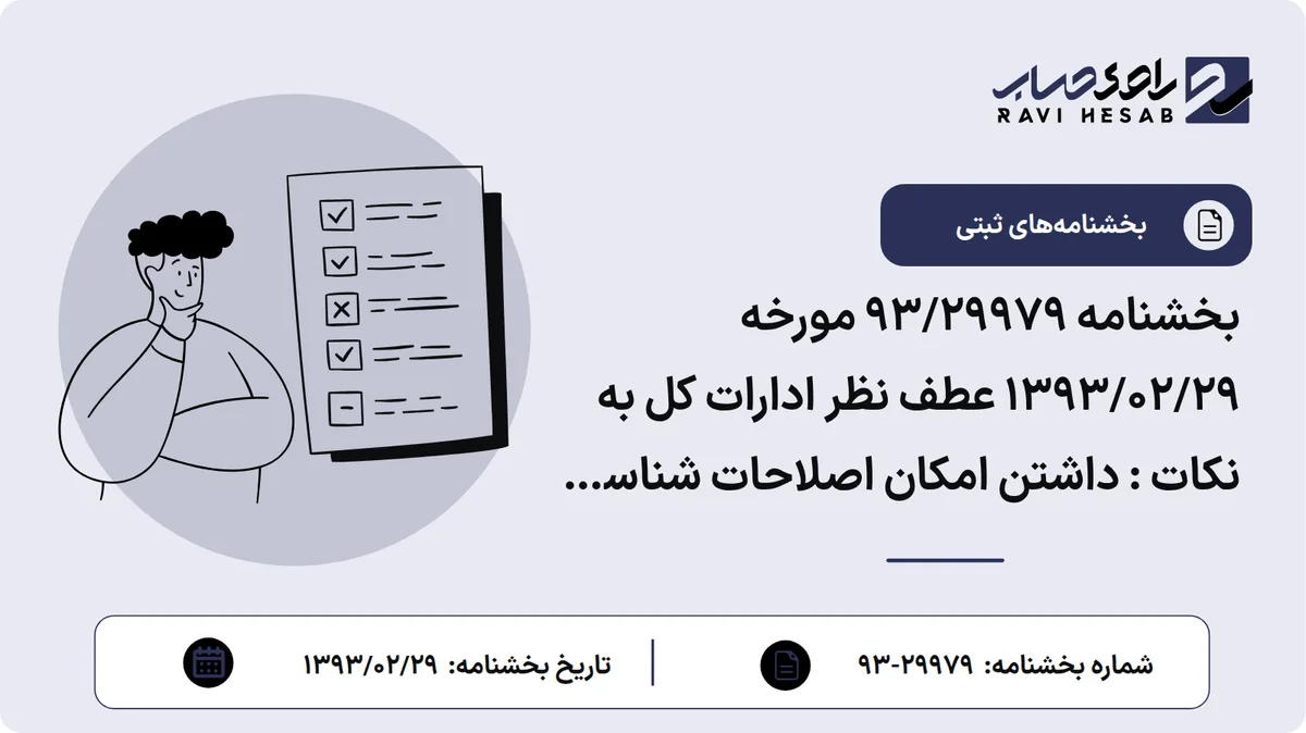 بخشنامه 93/29979 مورخه 1393/02/29 عطف نظر ادارات کل به نکات : داشتن امکان اصلاحات شناسه ملی ، عدم مکاتبه مستقیم واحدهای ثبتی و عدم ارجاع ارباب رجوع به مرکز تهران و فعال شدن زیر سیستم انتقال خودکار