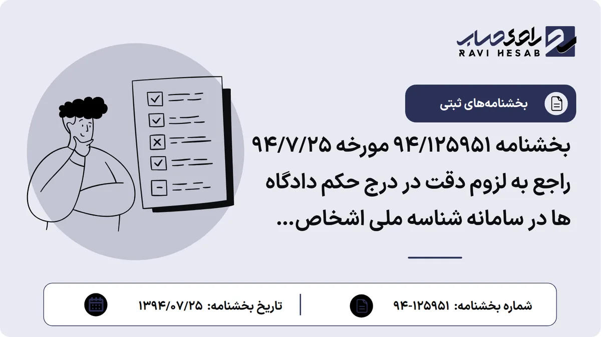 بخشنامه 94/125951 مورخه 94/7/25 راجع به لزوم دقت در درج حکم دادگاه ها در سامانه شناسه ملی اشخاص حقوقی و به هنگام رسیدگی به صورتجلسات آنها مبنی بر ابطال نام