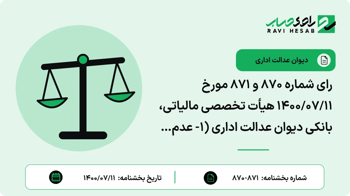 رای شماره ۸۷۰ و ۸۷۱ مورخ ۱۴۰۰/۰۷/۱۱ هیأت تخصصی مالیاتی، بانکی دیوان عدالت اداری (۱- عدم ابطال عبارت «در طول برنامه پنجم توسعه» مذکور در بند (۱) تصویب نامه شماره ۲۴۰۲۳/ت۵۶۱۷۹ه هیأت وزیران مورخ ۳۱/۰۲/۱۳۹۸ ۲- عدم ابطال عبارت «در طول برنامه پنجم توسعه» مذکور در بند (۱) بخشنامه شماره ۱۶/۹۸/۲۰۰ سازمان امور مالیاتی کشور مورخ ۰۱/۰۳/۱۳۹۸ ۳- عدم ابطال عبارت «اصلی» از صدر بخشنامه و بند (۱۱) بخشنامه شماره ۷۲۰۲۳/۲۰۰ سازمان امور مالیاتی کشور مورخ ۳۰/۱۱/۱۳۹۱)