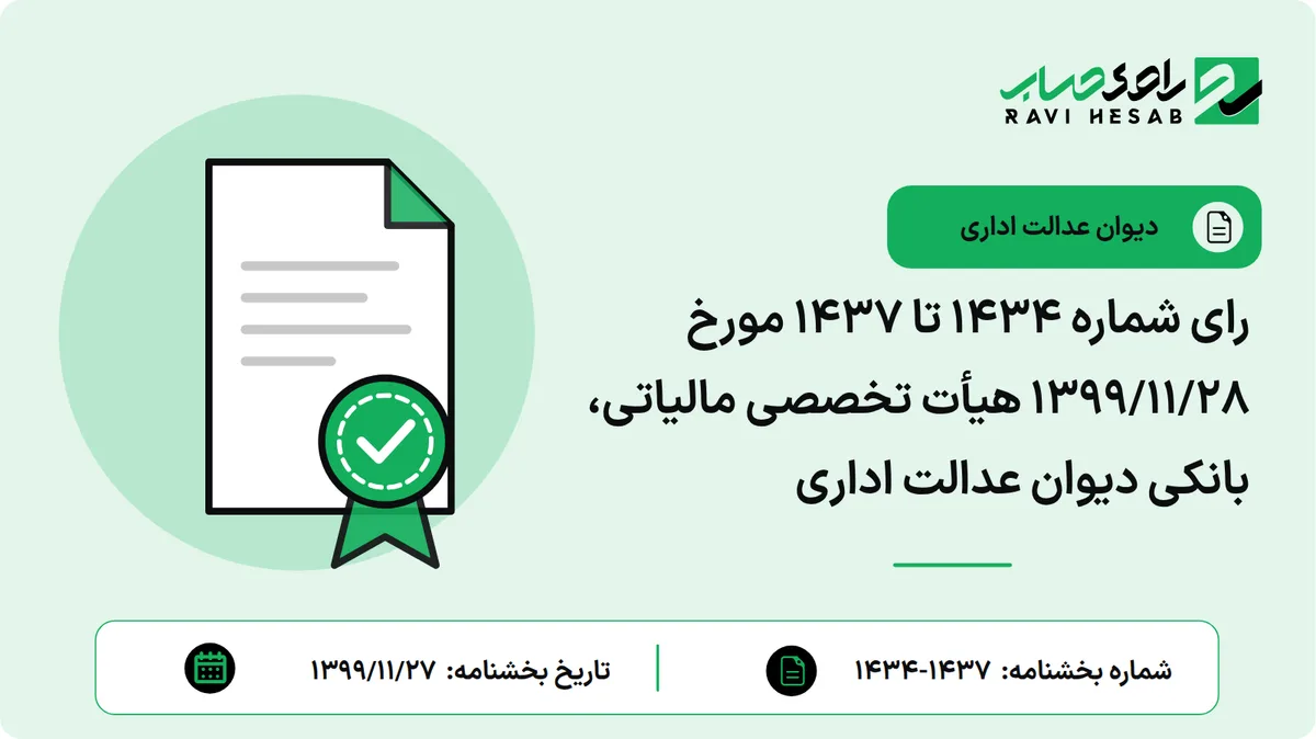 رای شماره ۱۴۳۴ تا ۱۴۳۷ مورخ ۱۳۹۹/۱۱/۲۸ هیأت تخصصی مالیاتی، بانکی دیوان عدالت اداری