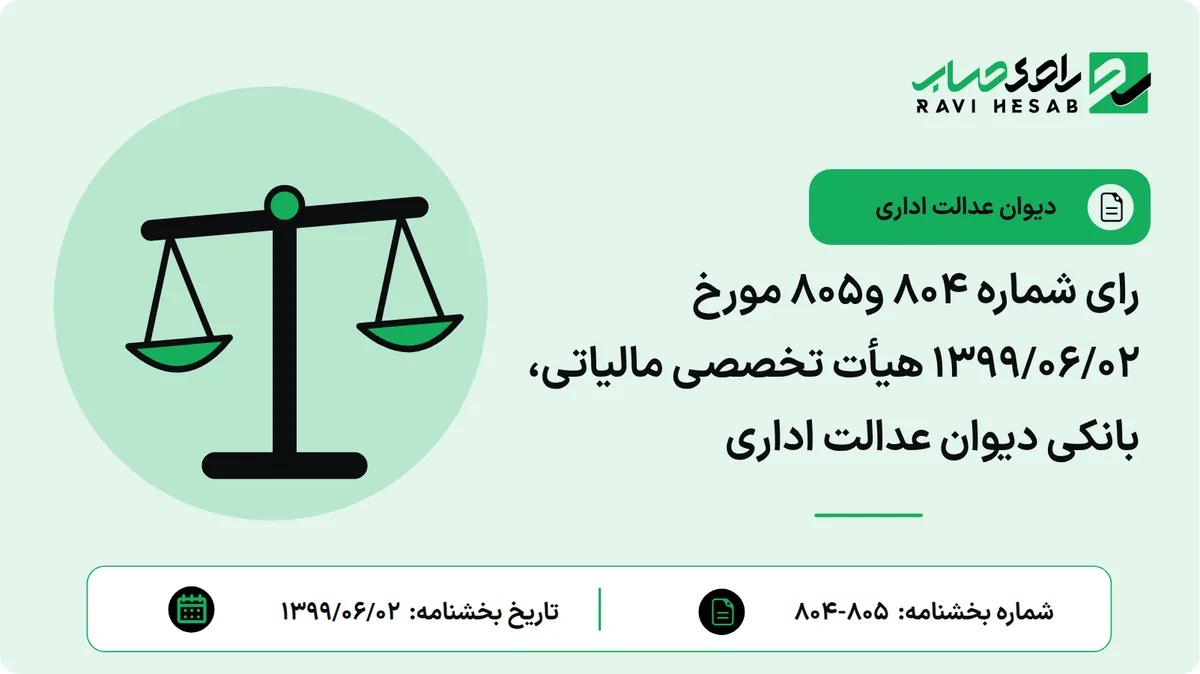 رای شماره ۸۰۴ و۸۰۵ مورخ ۱۳۹۹/۰۶/۰۲ هیأت تخصصی مالیاتی، بانکی دیوان عدالت اداری