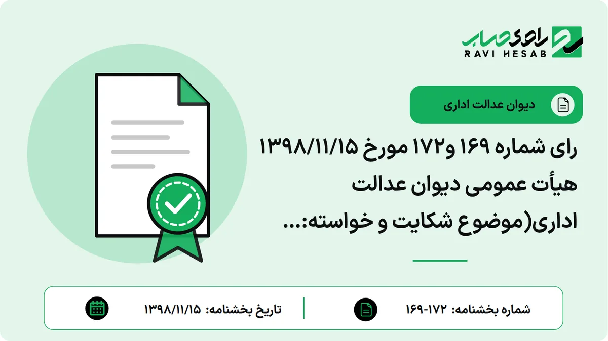رای شماره ۱۶۹ و۱۷۲ مورخ ۱۳۹۸/۱۱/۱۵ هیأت عمومی دیوان عدالت اداری(موضوع شکایت و خواسته: ابطال بخشنامه شماره ۱۴۶/۹۷/۲۰۰/ص-۱۳۹۷/۱۰/۲۴ سازمان امور مالیاتی کشور)