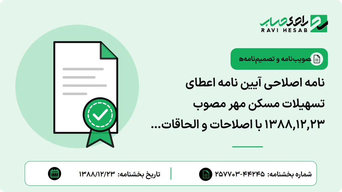نامه اصلاحی آیین نامه اعطای تسهیلات مسکن مهر مصوب 1388,12,23 با اصلاحات و الحاقات بعدی