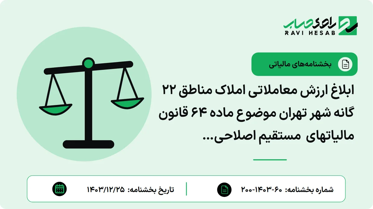 ابلاغ ارزش معاملاتی املاک مناطق ۲۲ گانه شهر تهران موضوع ماده ۶۴ قانون مالیاتهای مستقیم اصلاحی ۱۳۹۴٫۰۴٫۳۱ برای اجرا از ابتدای سال ۱۴۰۴