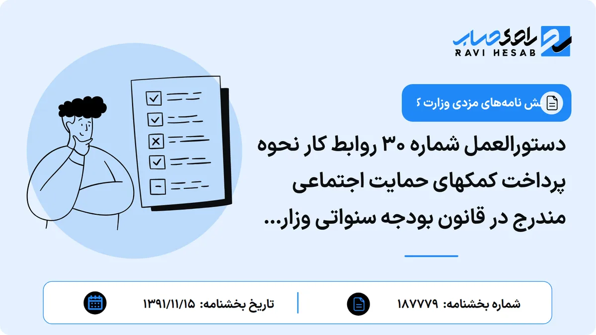 دستورالعمل شماره 30 روابط کار نحوه پرداخت کمکهای حمایت اجتماعی مندرج در قانون بودجه سنواتی وزارت تعاون، کار و رفاه اجتماعی (سال 91)