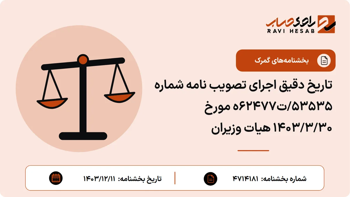 تاریخ دقیق اجرای تصویب نامه شماره ۵۳۵۳۵/ت۶۲۴۷۷ه مورخ ۱۴۰۳/۳/۳۰ هیات وزیران